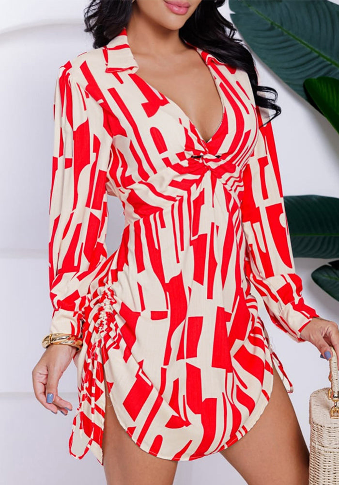 Women Black Irregular Printed Long Sleeve V Neck Side Drawstring Shirt Dress