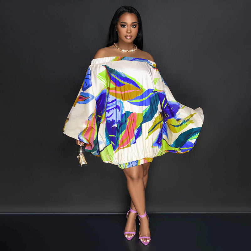 plus size off shoulder printed bat long sleeve loose dress 32
