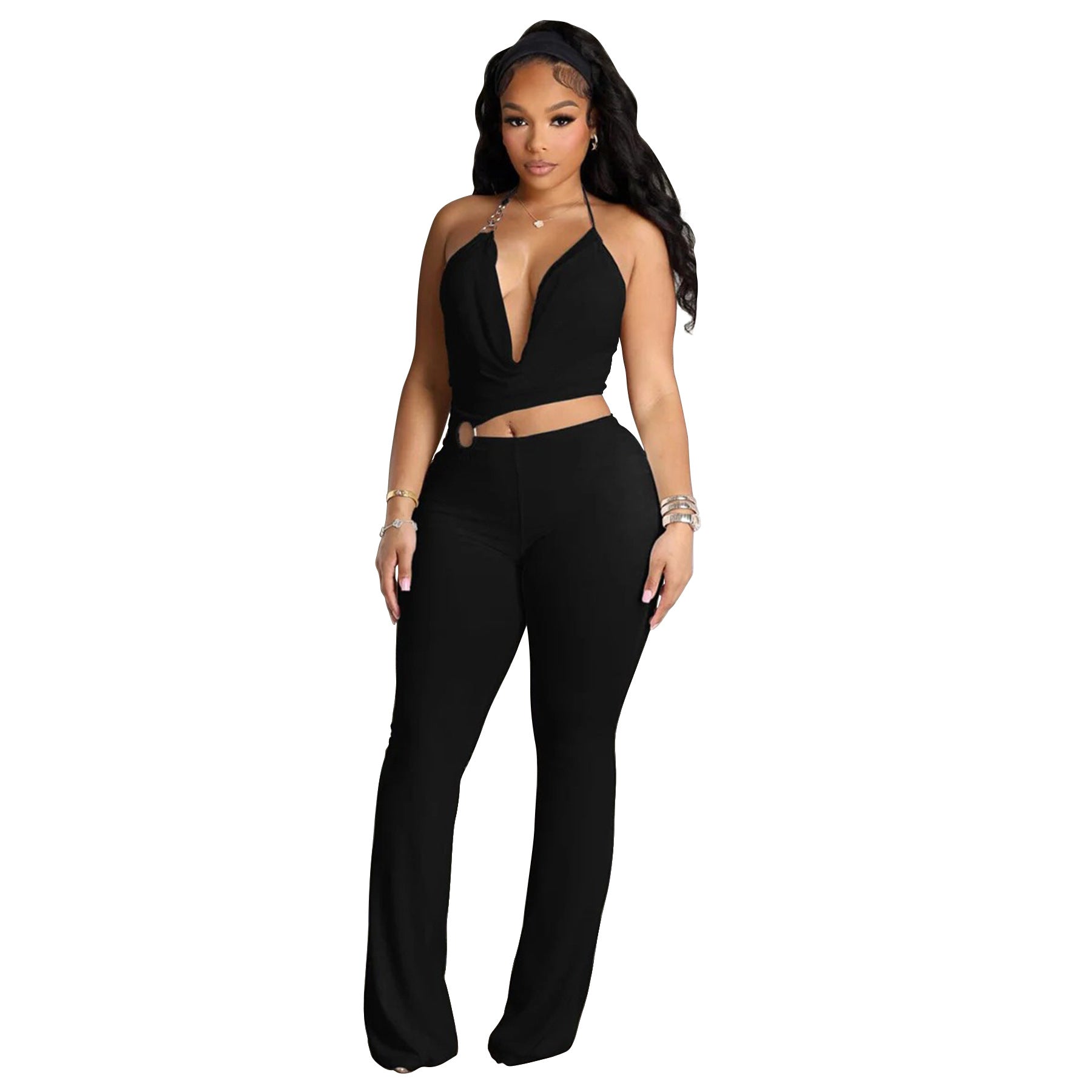 Women’s Circle-Embellished Halter Neck Open-Waist Jumpsuit 12