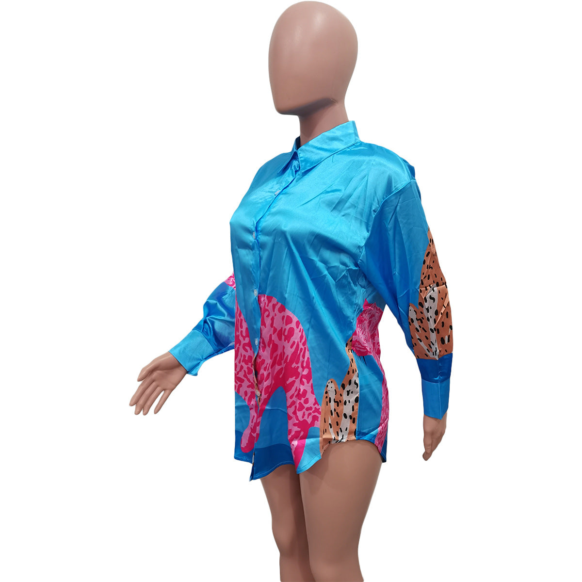 Womens Colorblock Leopard Print Button-Up Shirt Dress 7