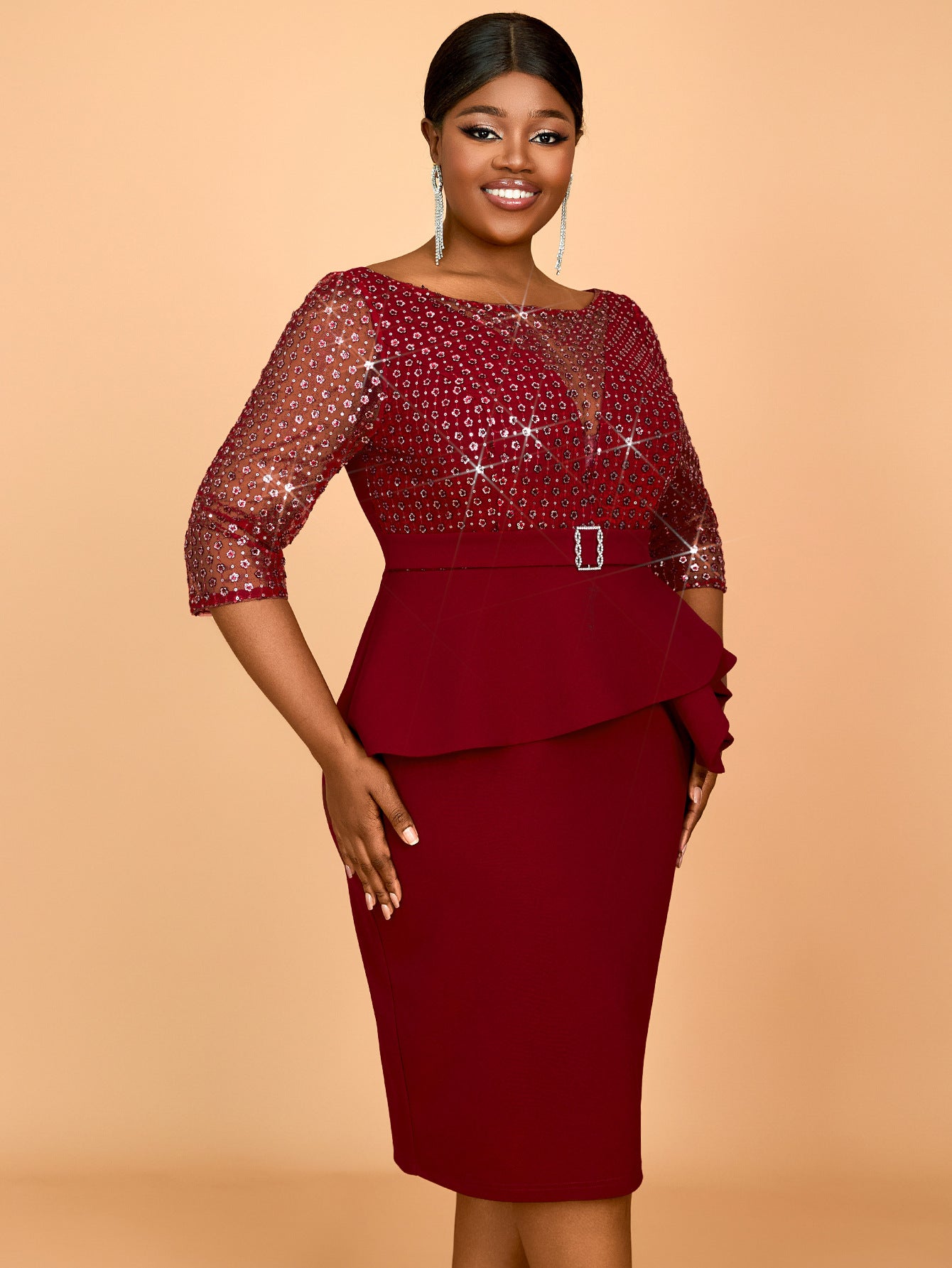 Summer U-Neck Sequin Formal Ruffle Plus Size Bodycon Party Dress 4