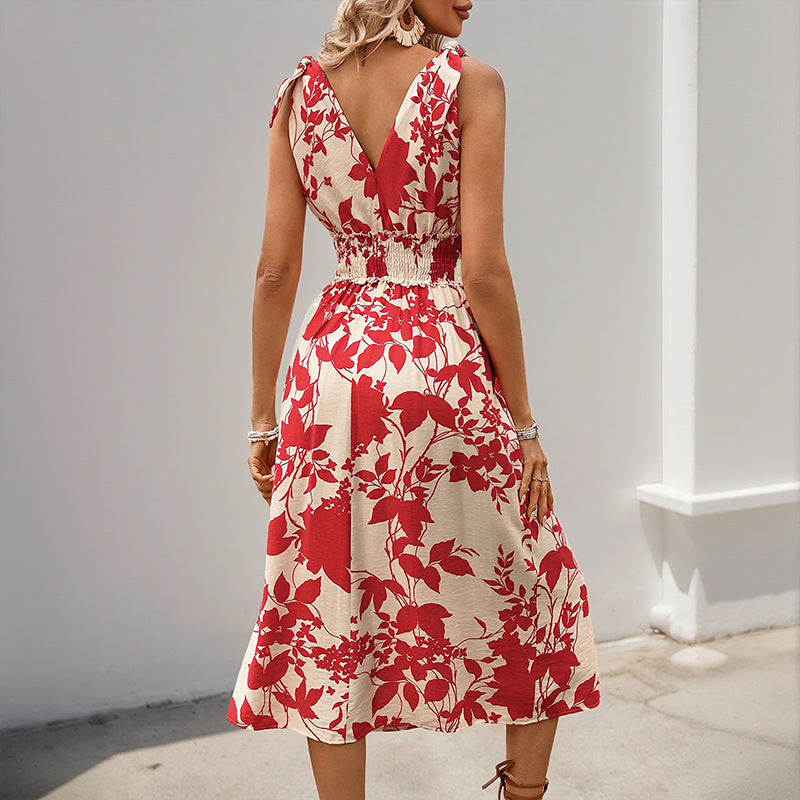 Women summer Holidays sleeveless bow red floral print dress