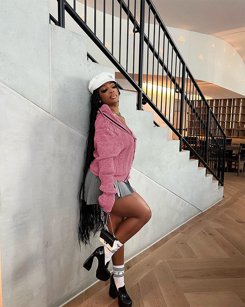 Women contrast color irregular knitting cardigan sweater 4