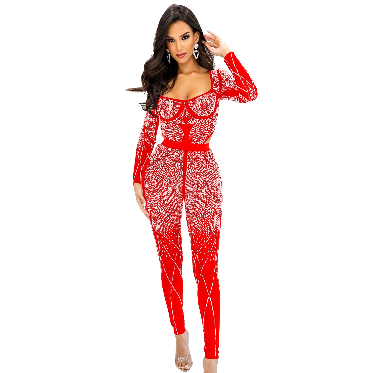 Ladies' Fashion Solid Mesh Beaded Long Sleeve Jumpsuit 12