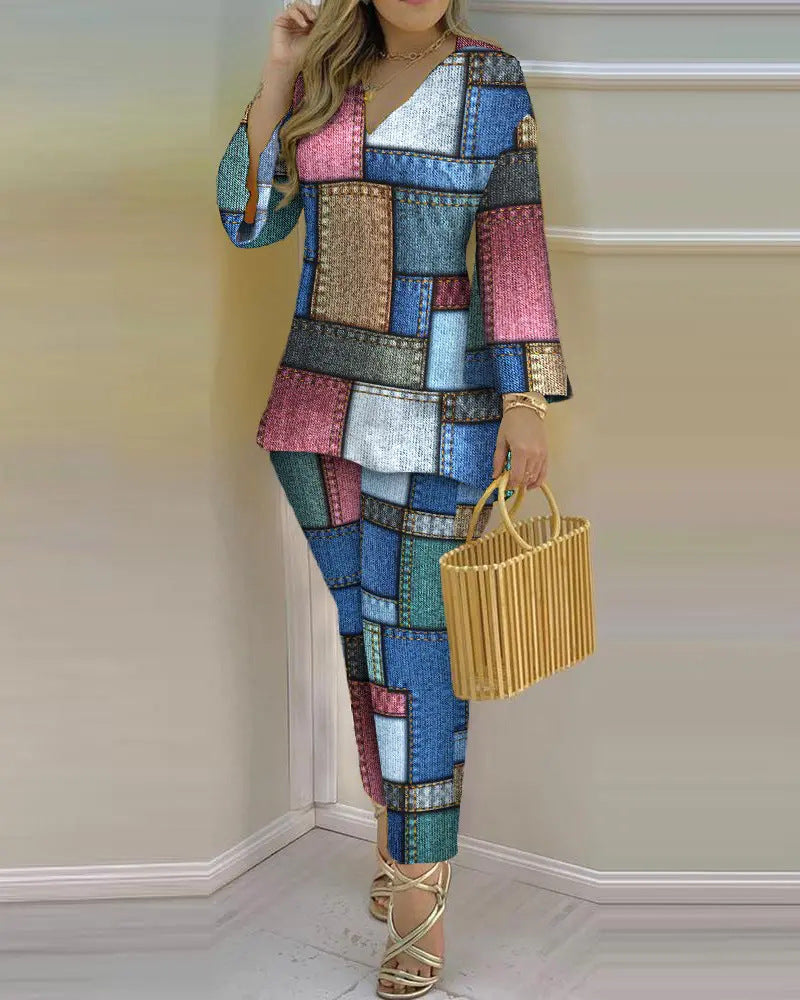 Spring Summer Print Fashion V-Neck Long Sleeve 2-Piece Pants Set 21