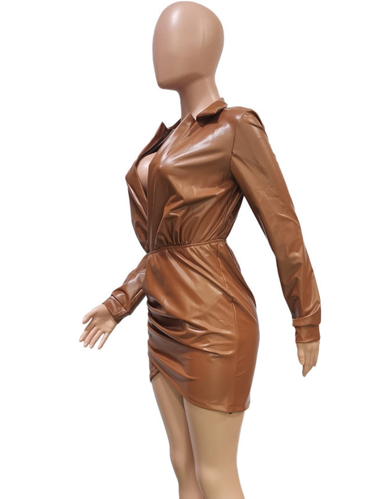 Spring Sexy Kahaki Deep V Neck Long Sleeve Pu Leather Mini Dress 5
