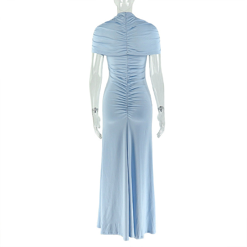 Elegant Women's Pleated Solid Color Bodycon Slim High Neck Short-Sleeve Long Dress 10