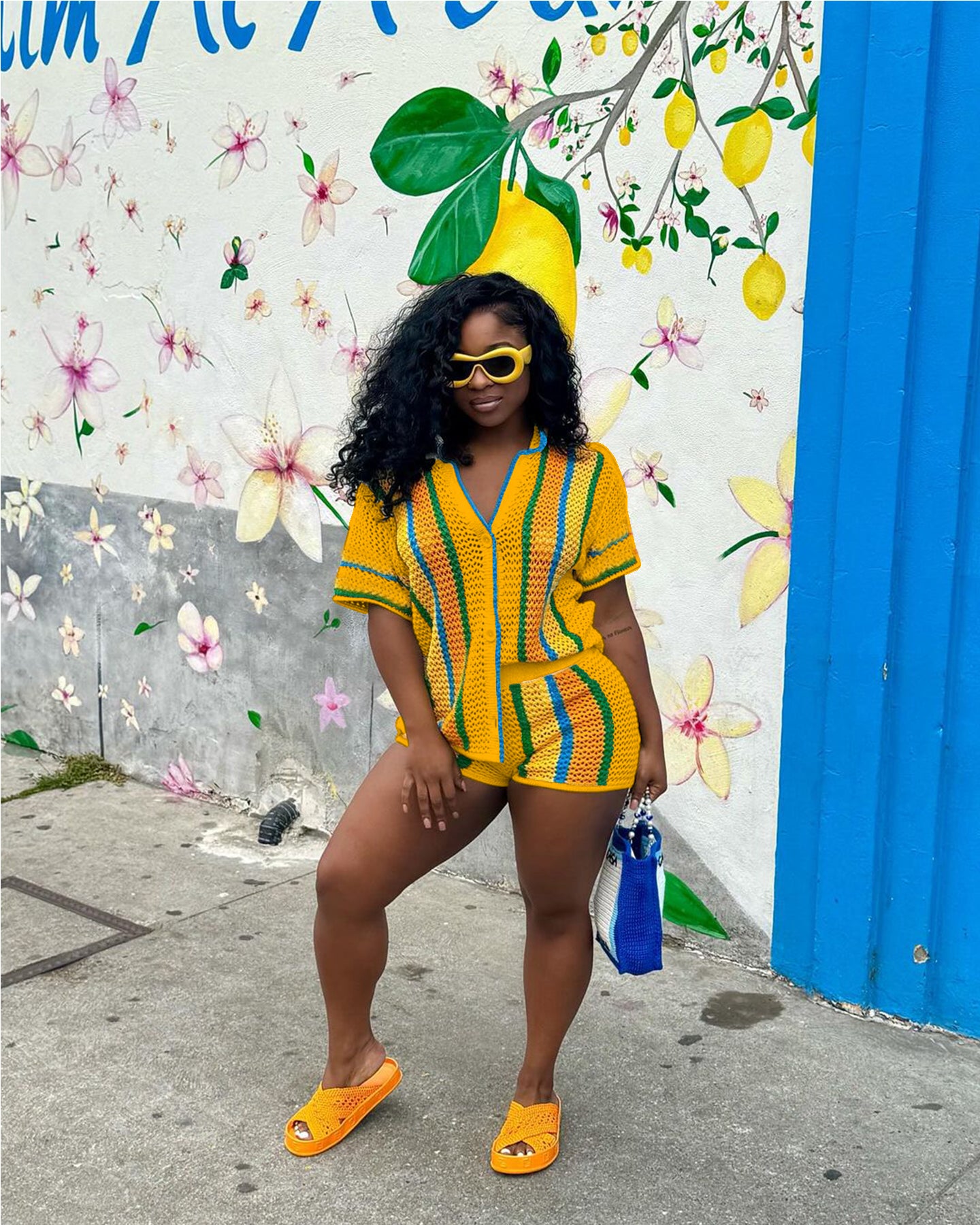 Women's Sexy Hollow See-Through Turndown Collar Knitting Two Piece Shorts Set 5