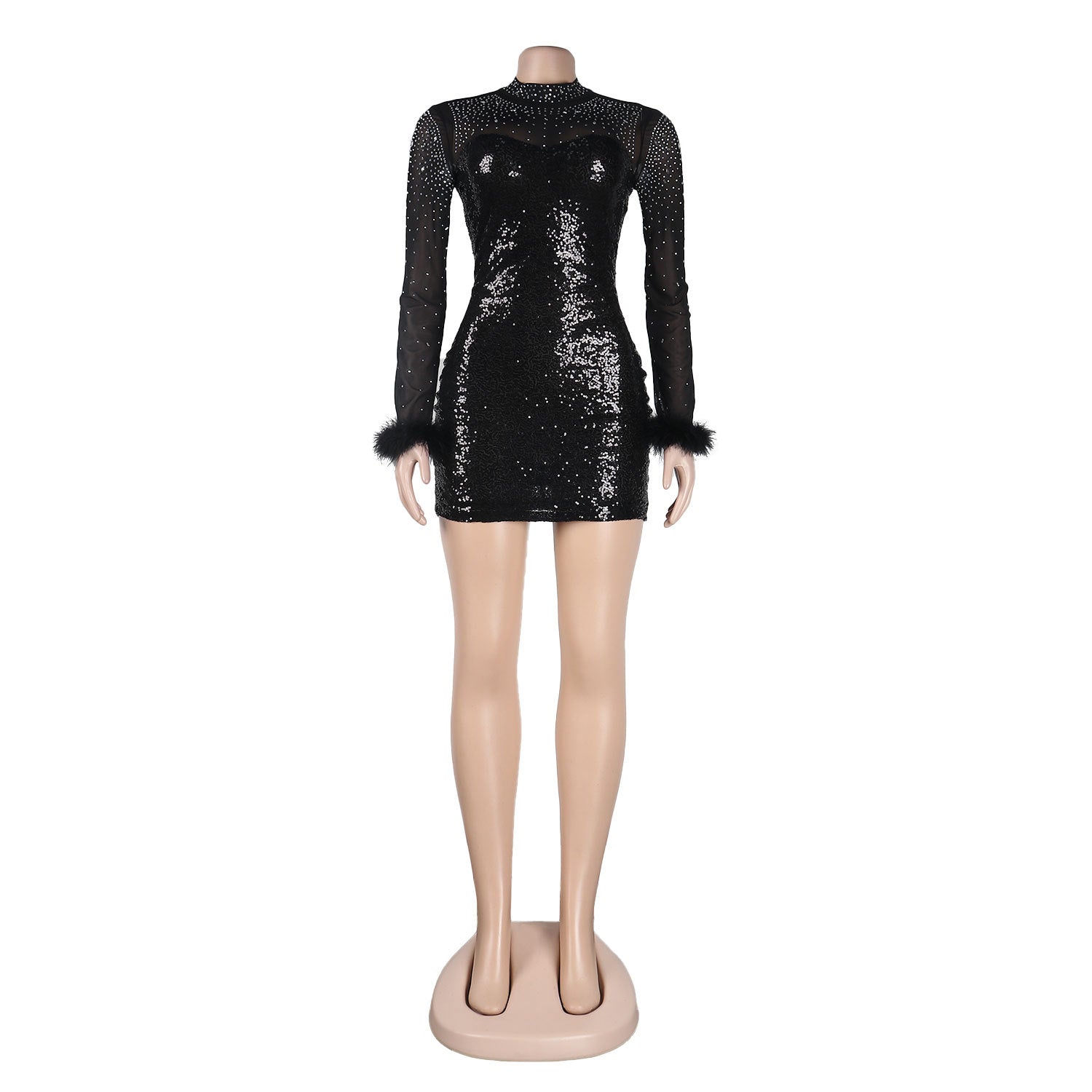 Sexy See-Through Mesh Feather Bodycon Slim Sequin Beaded Dress 14