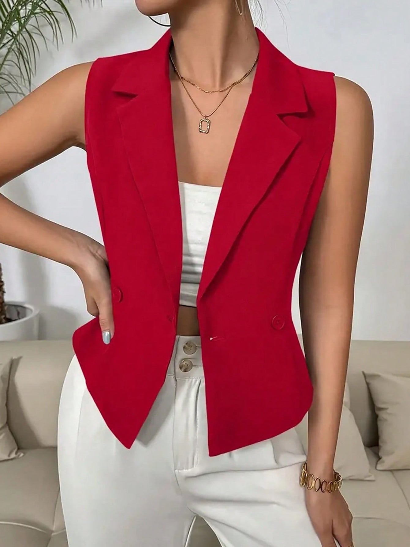 Women's Chic Turndown Collar Two-Button Sleeveless Vest Solid Color Outerwear