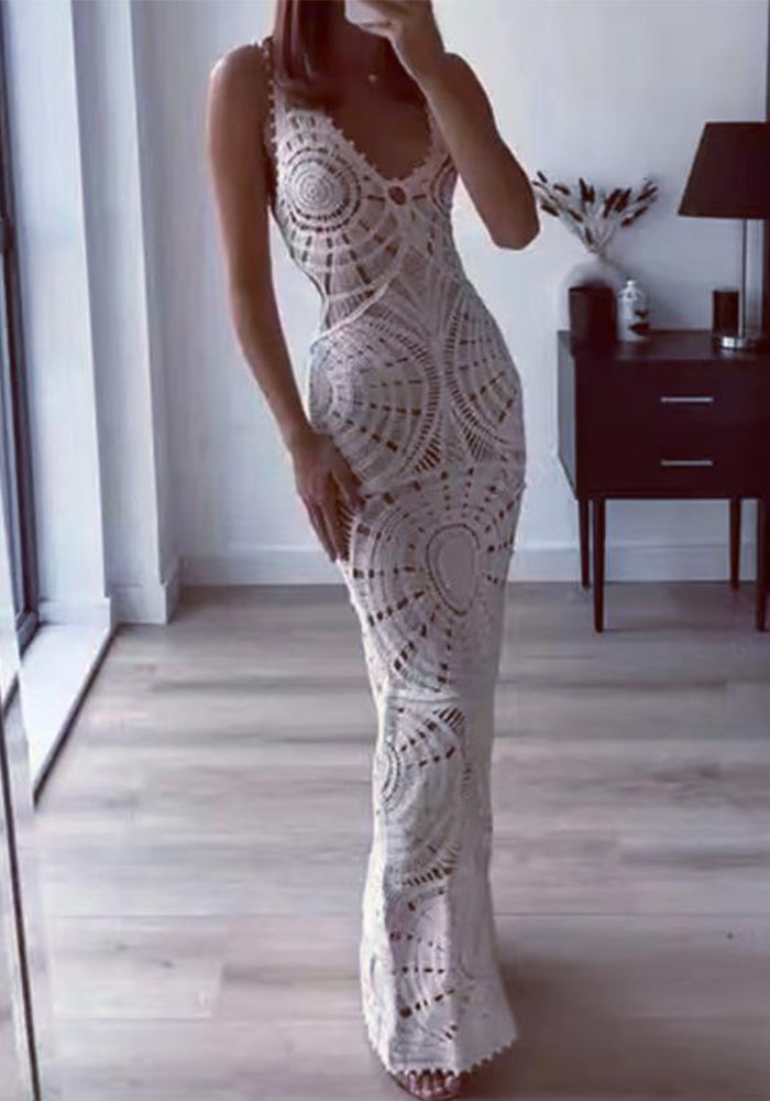 Women Knitting Hollow V-neck Dress Beach Dress