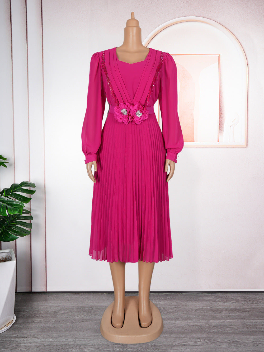 Chic Career Slim Waist Pleated A-Line Chiffon Dress 17