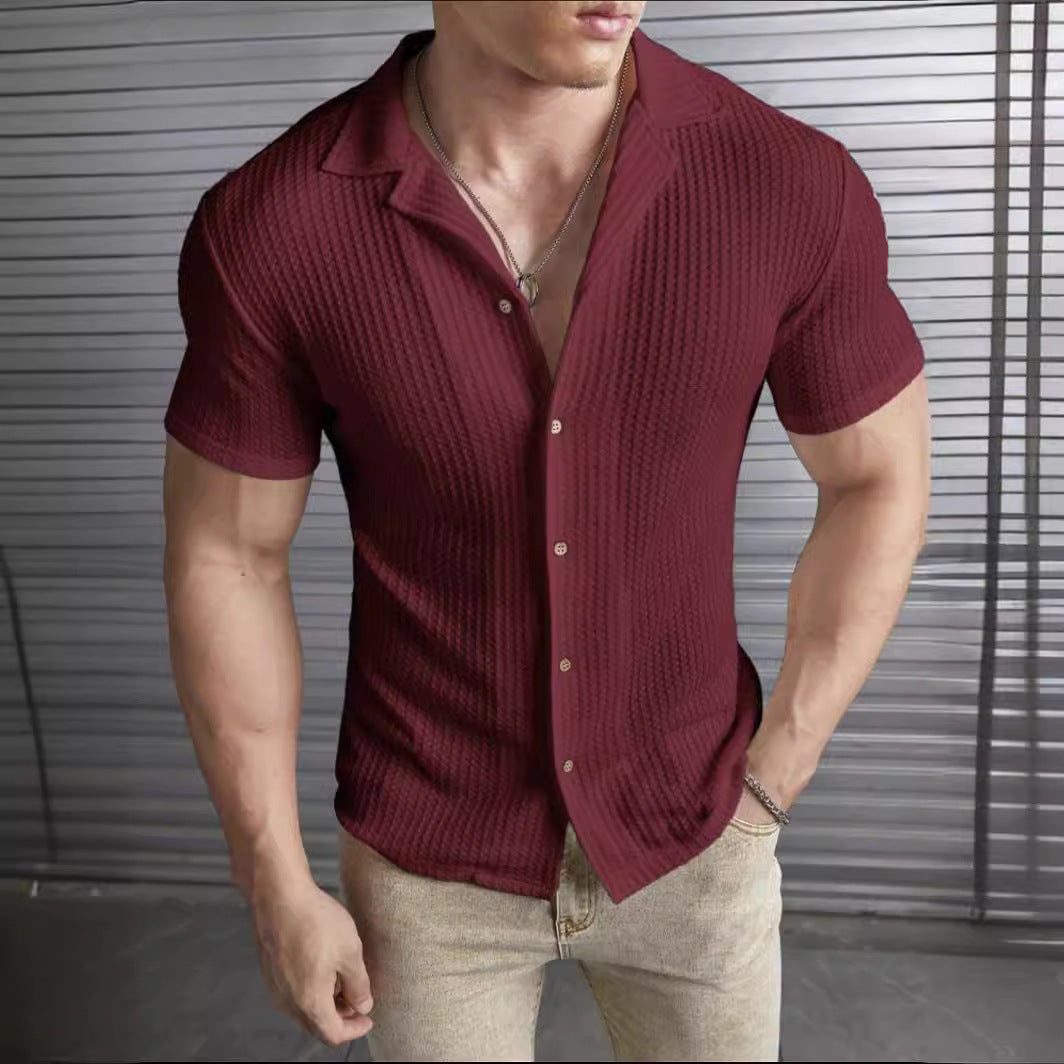 Spring And Summer Men's Fashion Casual Slim Top Fashion Short Sleeve Wafflet Shirt 3