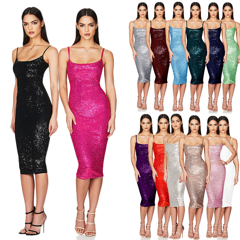 Summer Women's Sleeveless Low Back Straps Sequin Party Dress