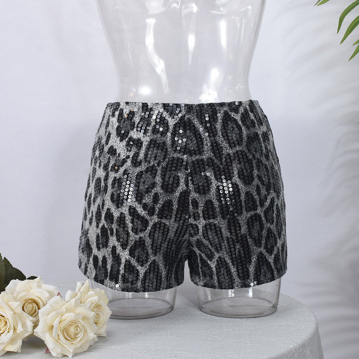Sequin Women Leopard Elastic Waist Casual Shorts 20