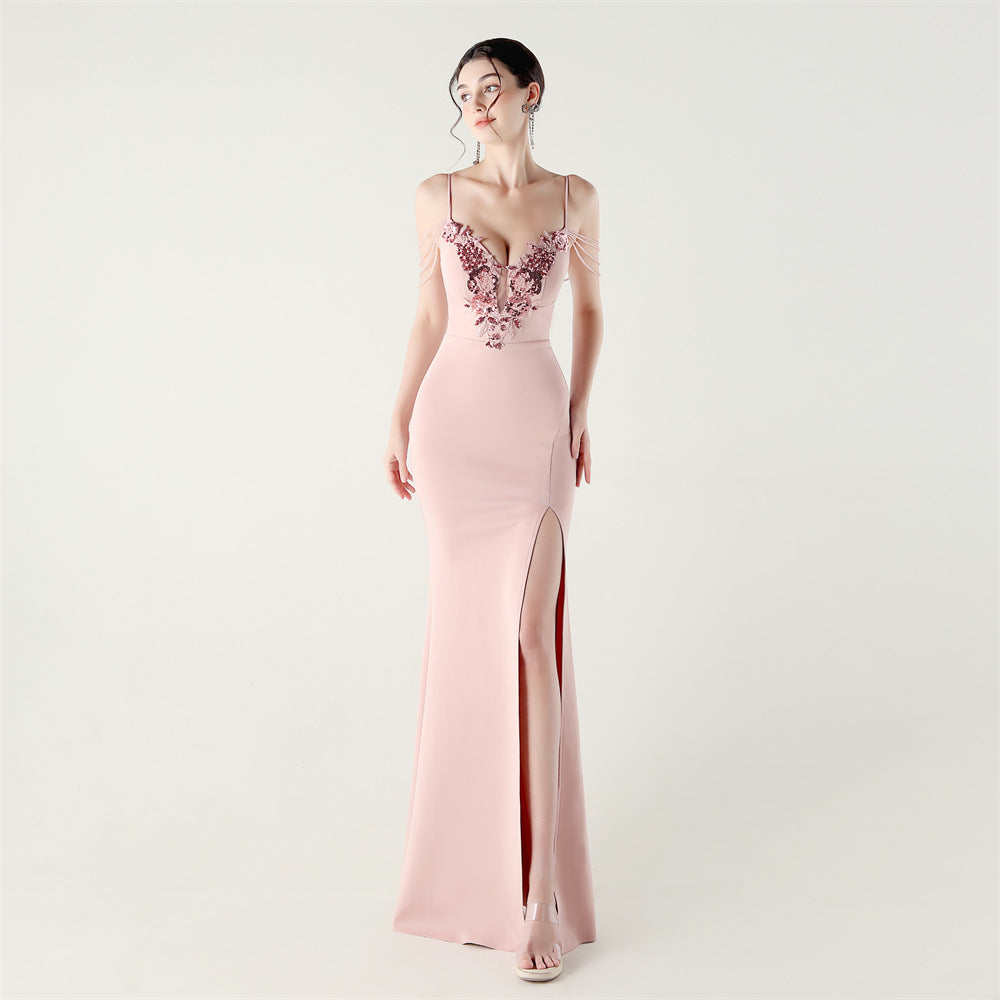 Women beaded tube applique beaded fishbone lace-up formal party evening dress 5