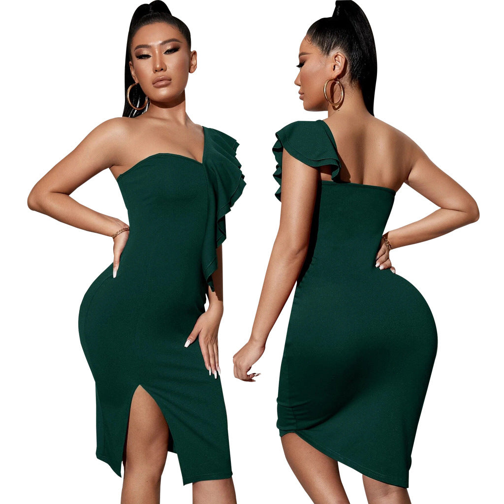 Women Sexy Solid One Shoulder Ruffle Dress 7