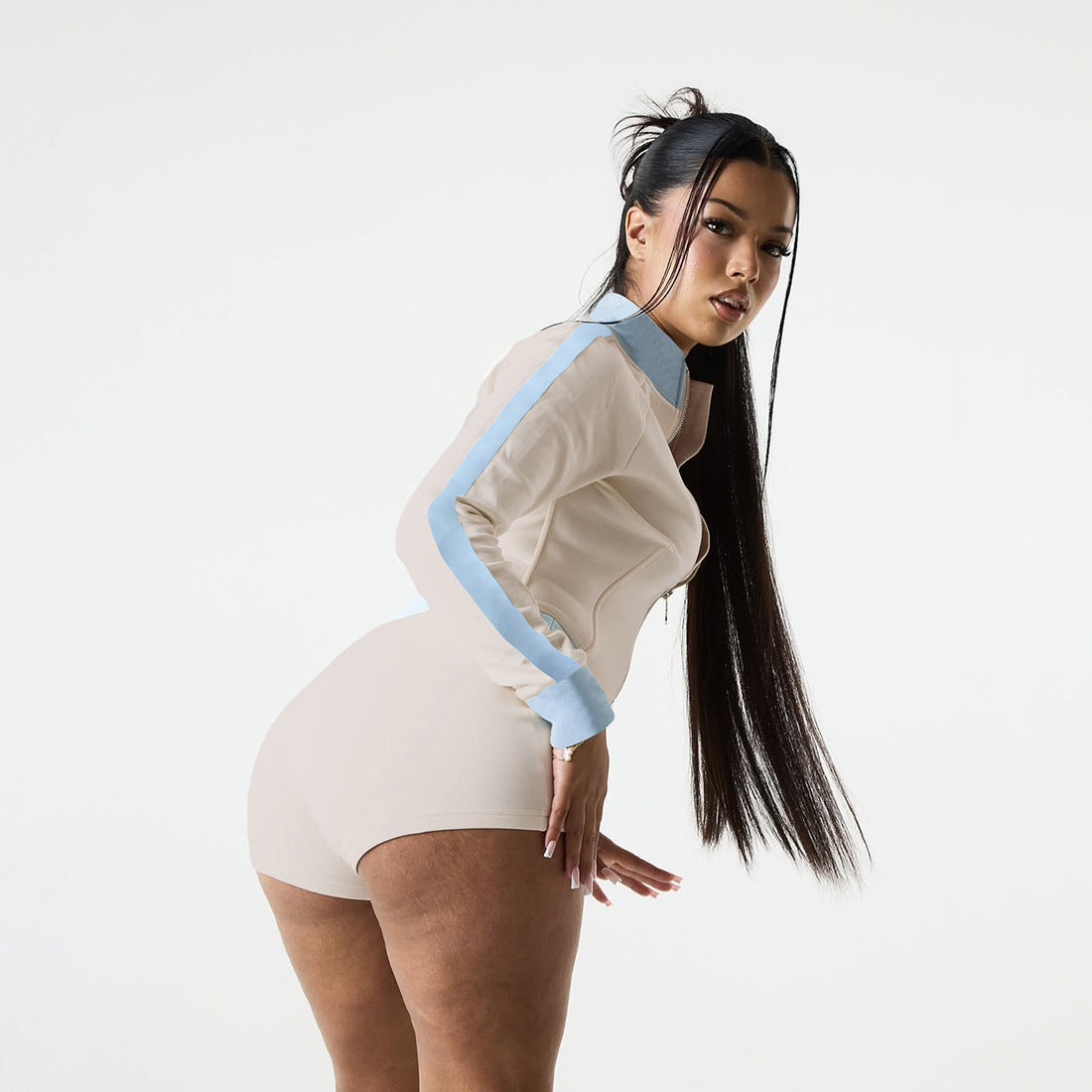 Women Fall Stand Collar Contrast Letter Embroidered Zipper Top and Shorts Two-Piece Set 8