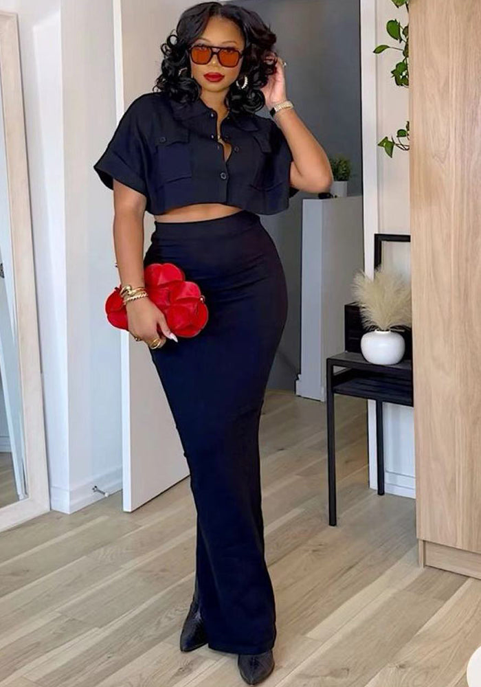 Spring Fashion Casual Black Short Sleeve Crop  Shirt Slim Fit Skirt Two Piece Set