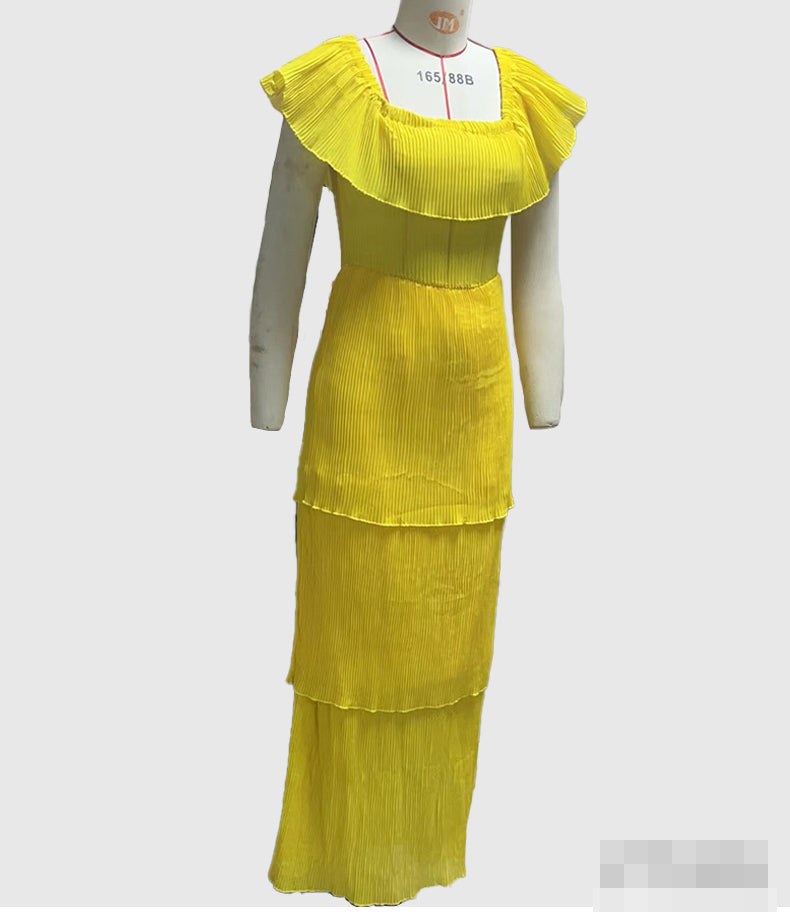 Dress Yellow Chiffon Off Shoulder Low Back Slim Beach Holidays Pleated Maxi Dress 11