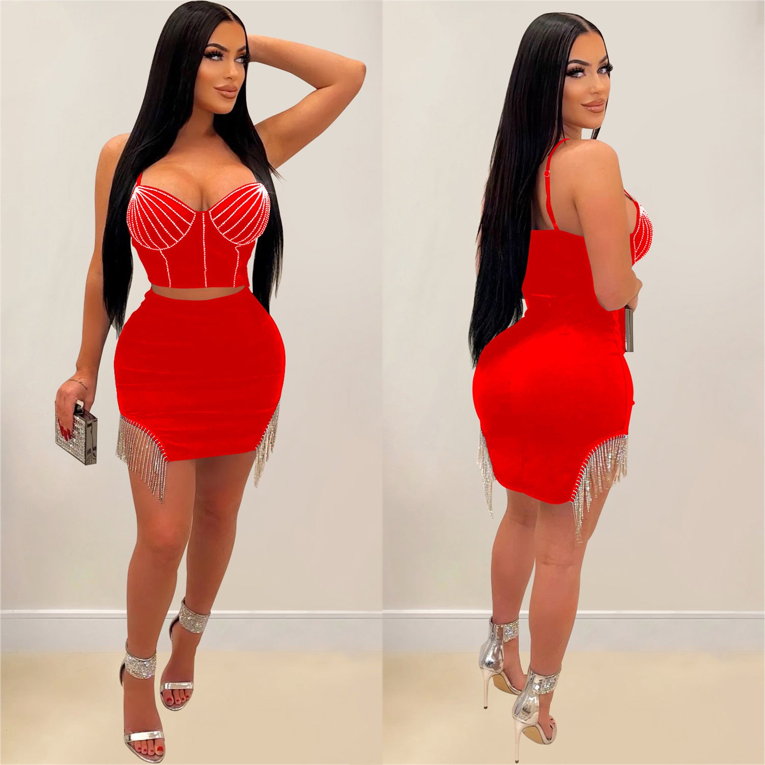 Women's Fashion Beaded Sleeveless Straps Top Tassels Skirt Two-Piece Set 5