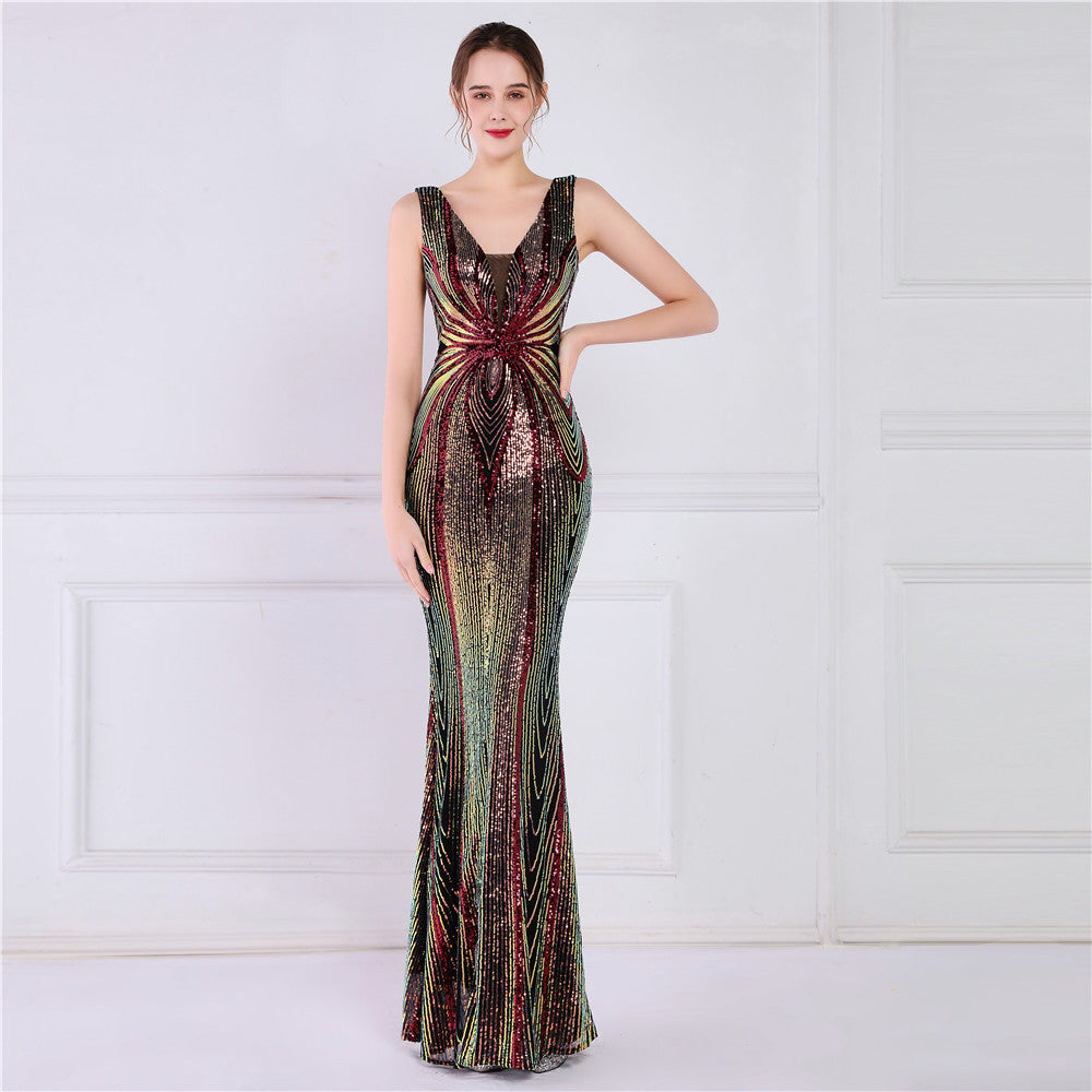 Women Summer Formal V-neck Sleeveless Patchwork Sequined Mermaid Evening Dress 17
