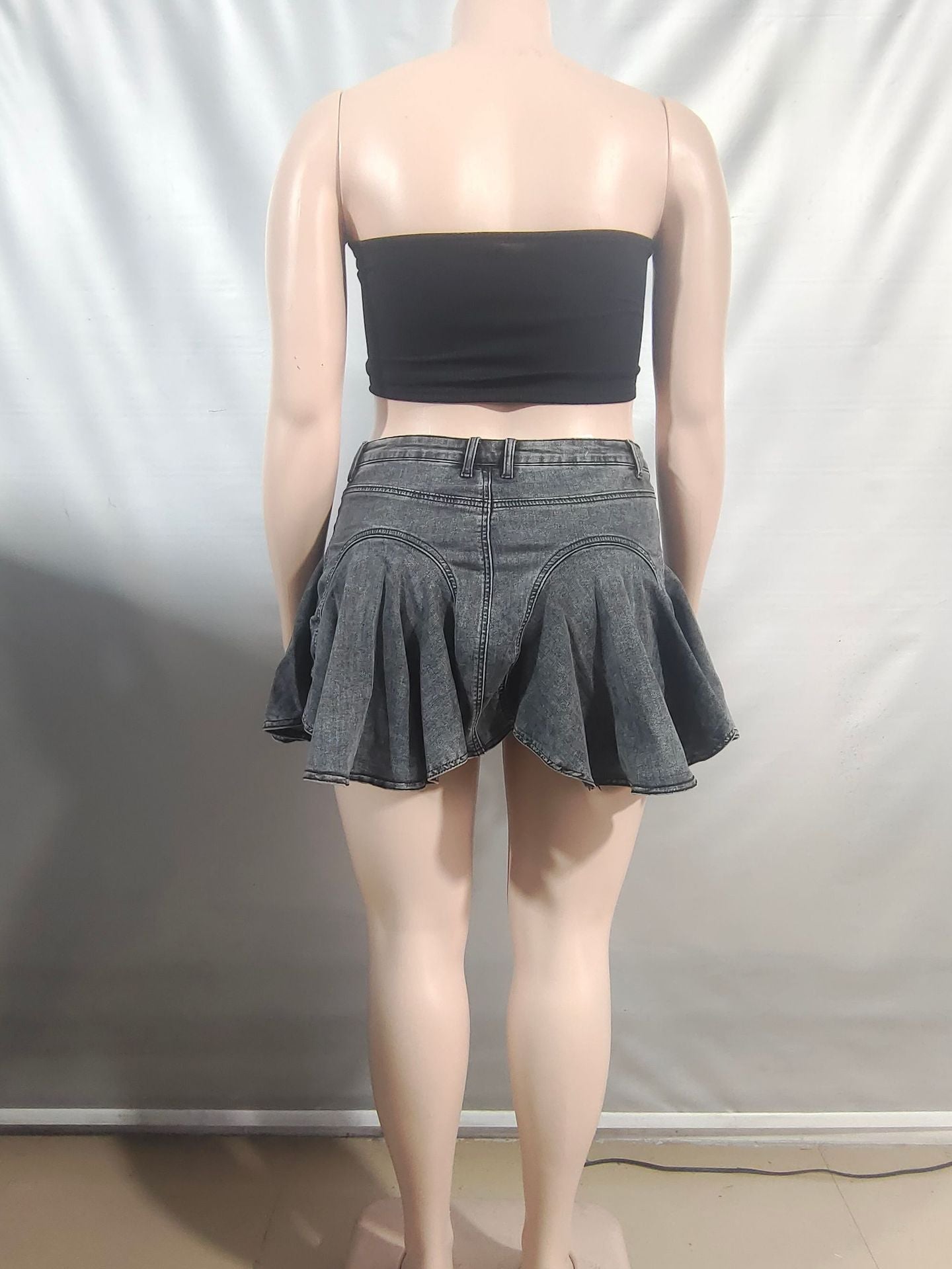 Women Zipper Lotus Leaf Pleated Denim Skirt 9