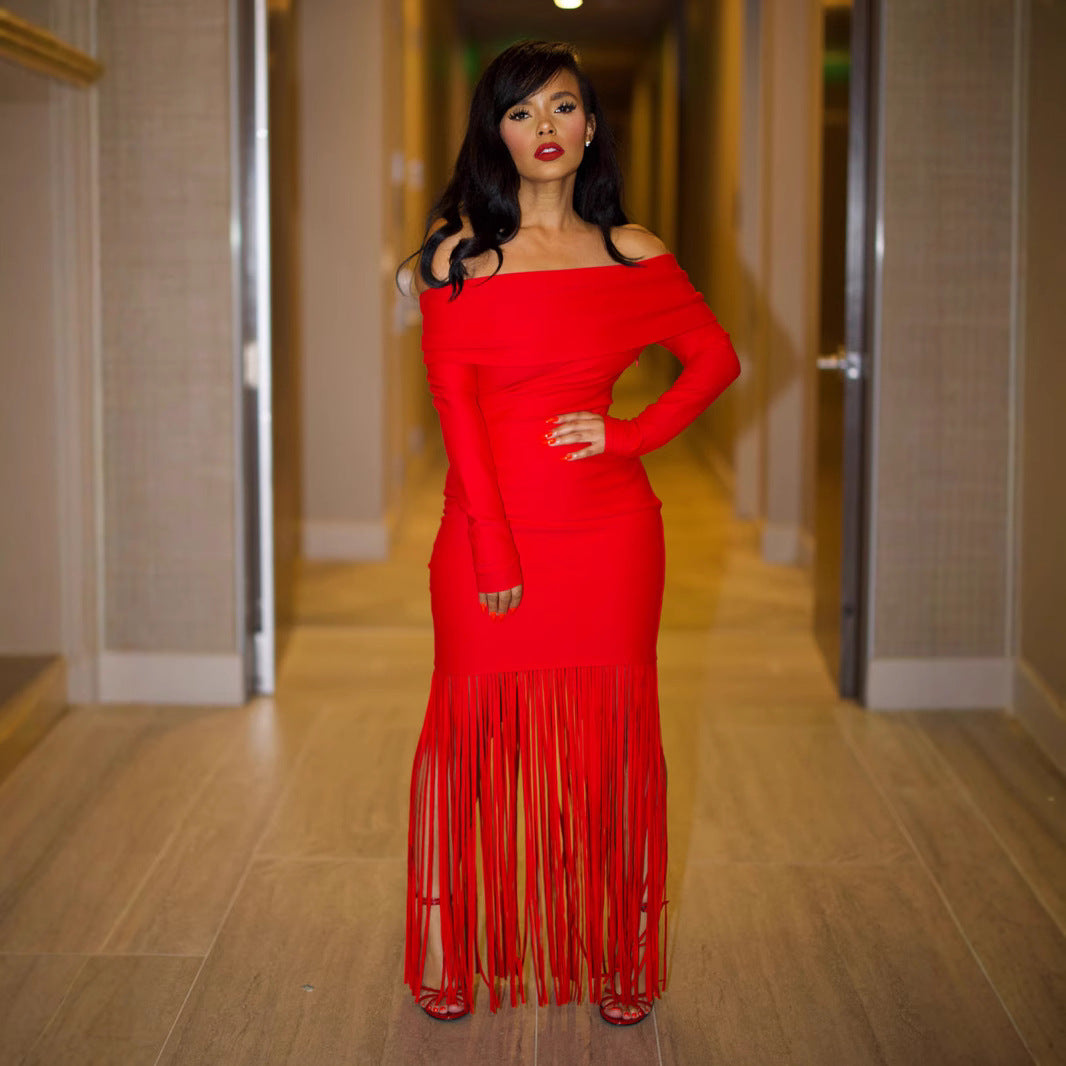 Women sexy Off Shoulder tassel long sleeve off-shoulder wrap dress 6