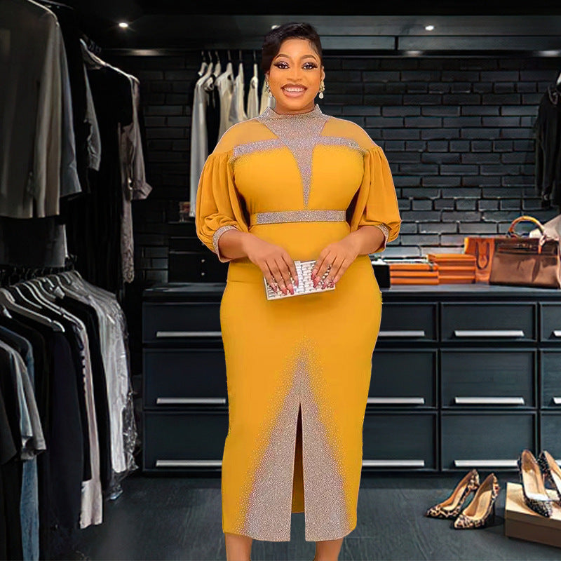 African Plus-Size Elegant Chic Beaded Patchwork Slit Bodycon Dress 5