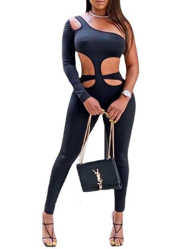 Women's Slim Fit Patchwork Solid Open Waist Off Shoulder Long Sleeve Tight Fitting Jumpsuit 6
