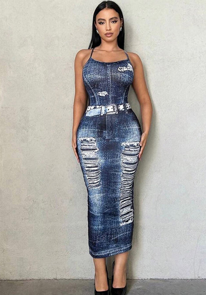 Women Sexy Backless Bodycon Denim Dress