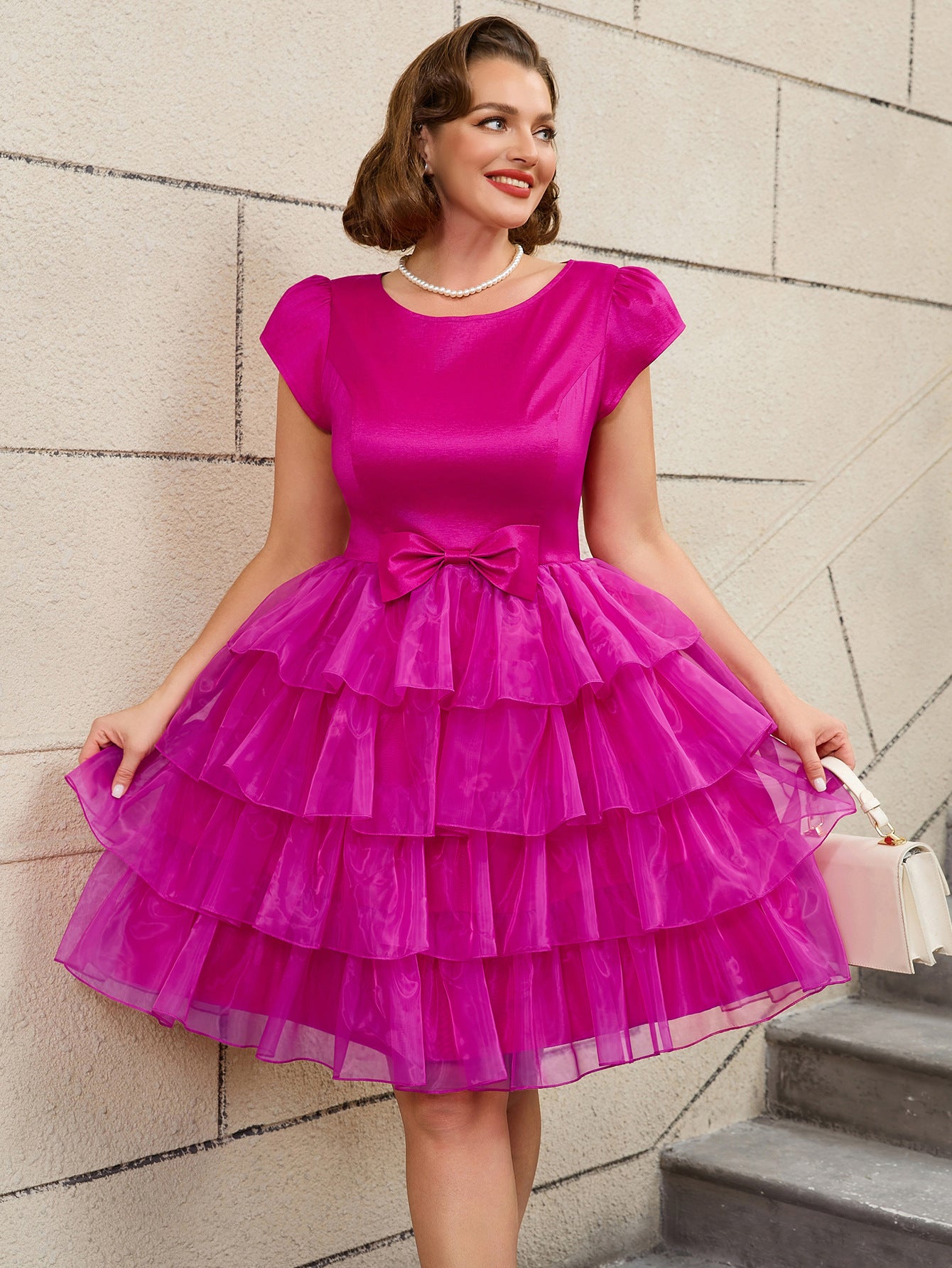 Rose Mesh Patchwork Round-Neck Bow A-Line Sweet Dress 9