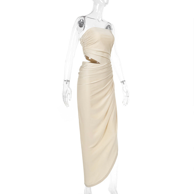 Spring Maxi Dress Chic Elegant Slim Strapless Hollow Out Ruched Dress 9