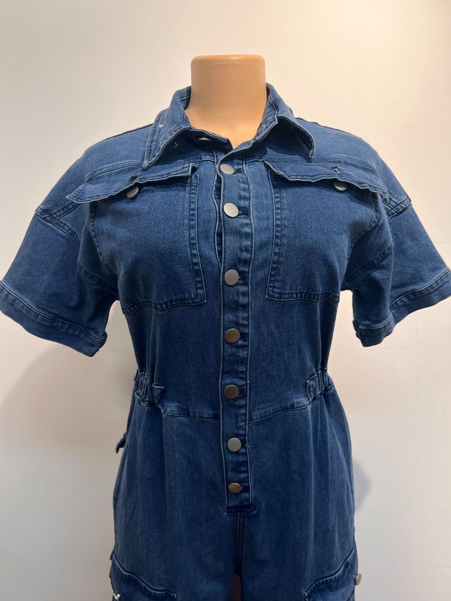 Women Cargo short sleeve Turndown Collar Denim Jumpsuit 7