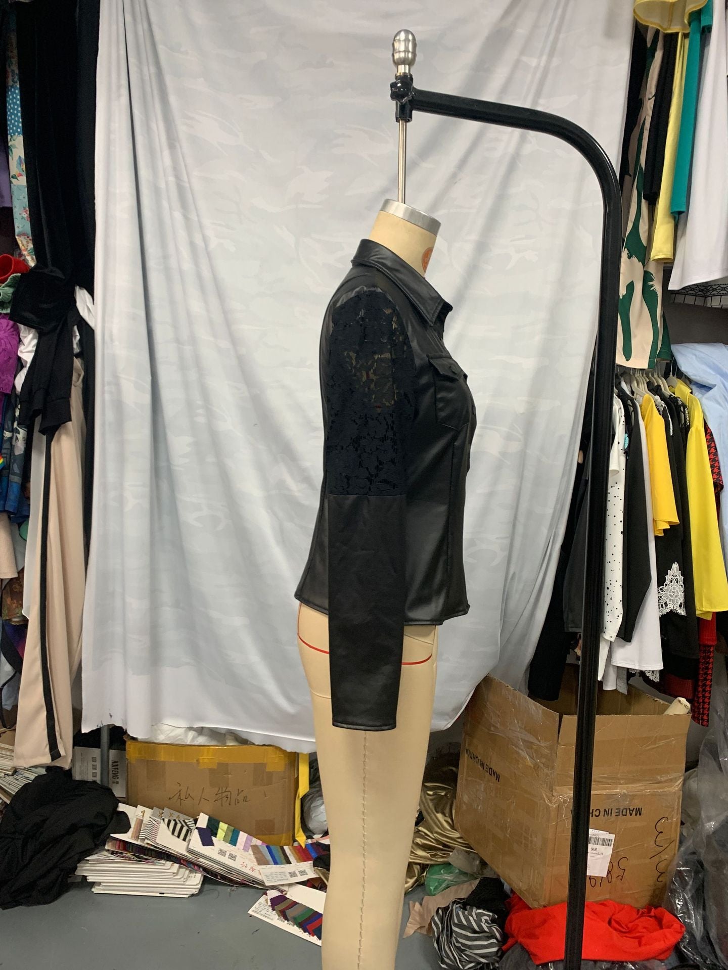 Women sexy black lace patchwork Pu-Leather Top shirt