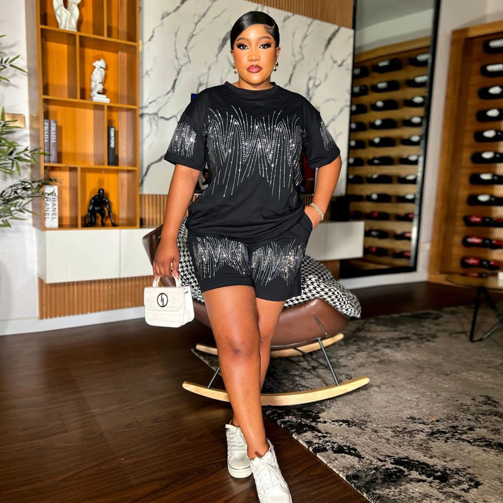 Women Casual Beaded Round Neck Short Sleeve Top and Shorts Two-Piece Set 3