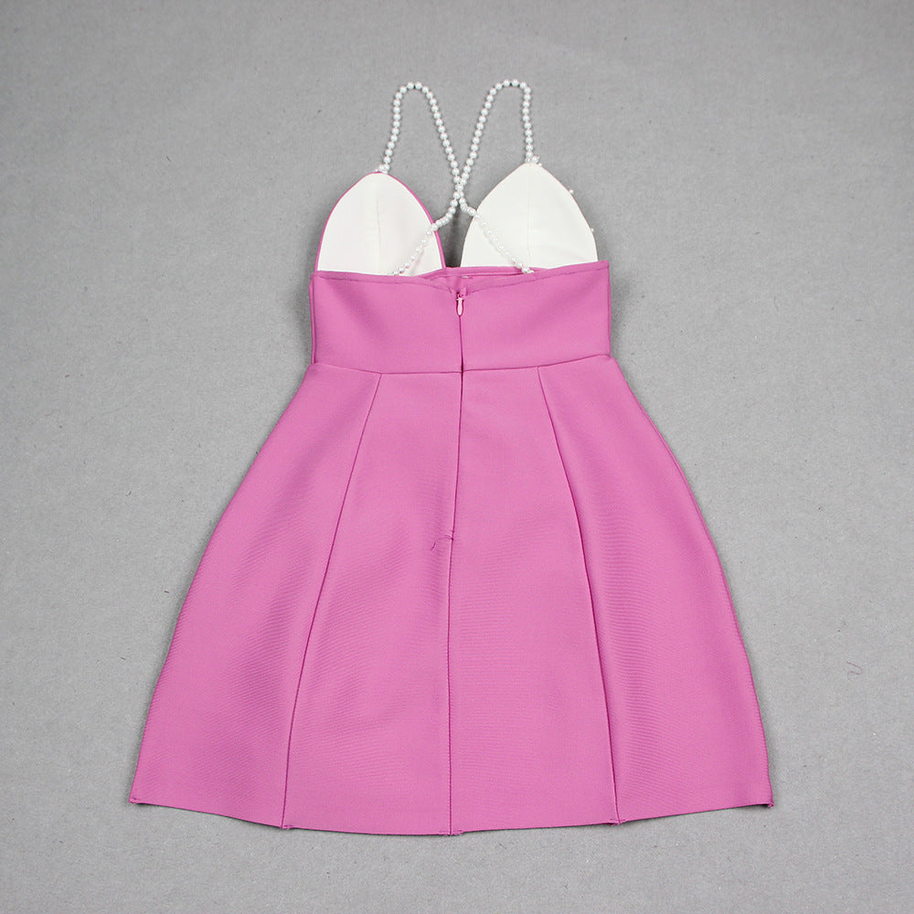 Pearl Strap Flower Sexy Short Bandage Sexy Dress 11