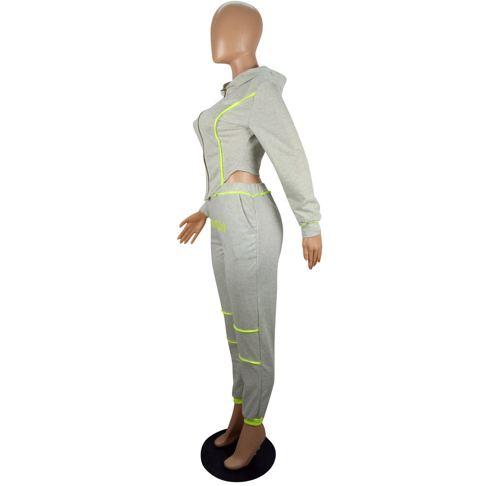 Women Casual Sports Zipper Hood Top and Pant Two-Piece Set 11