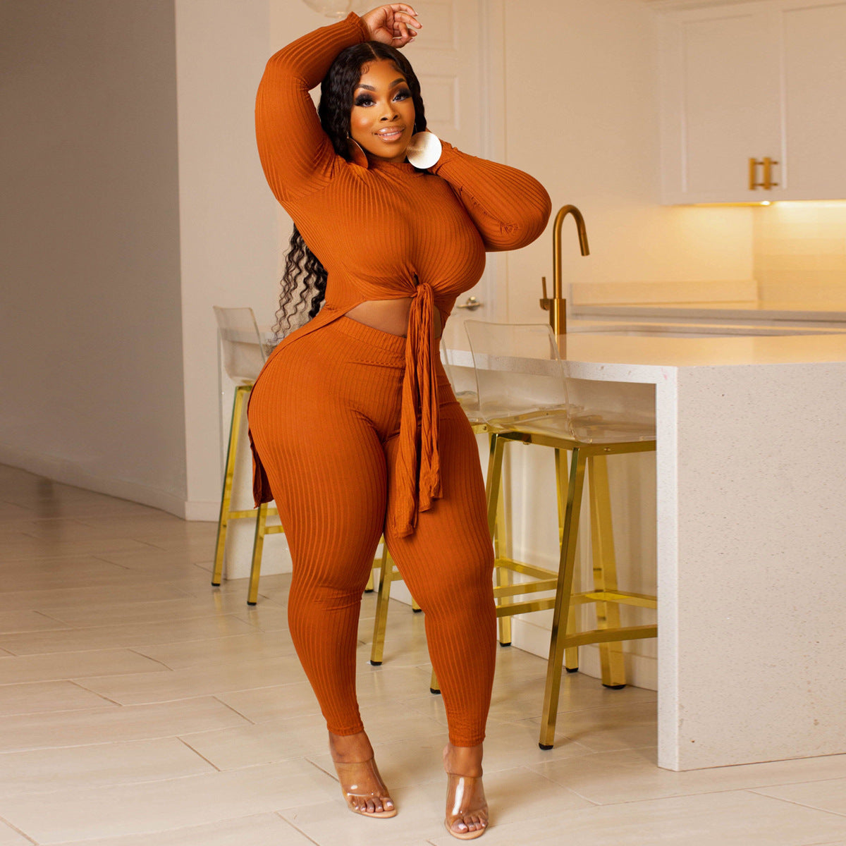 Women Ribbed Lace-Up Round Neck Long Sleeve Top and Pant Two Piece 4