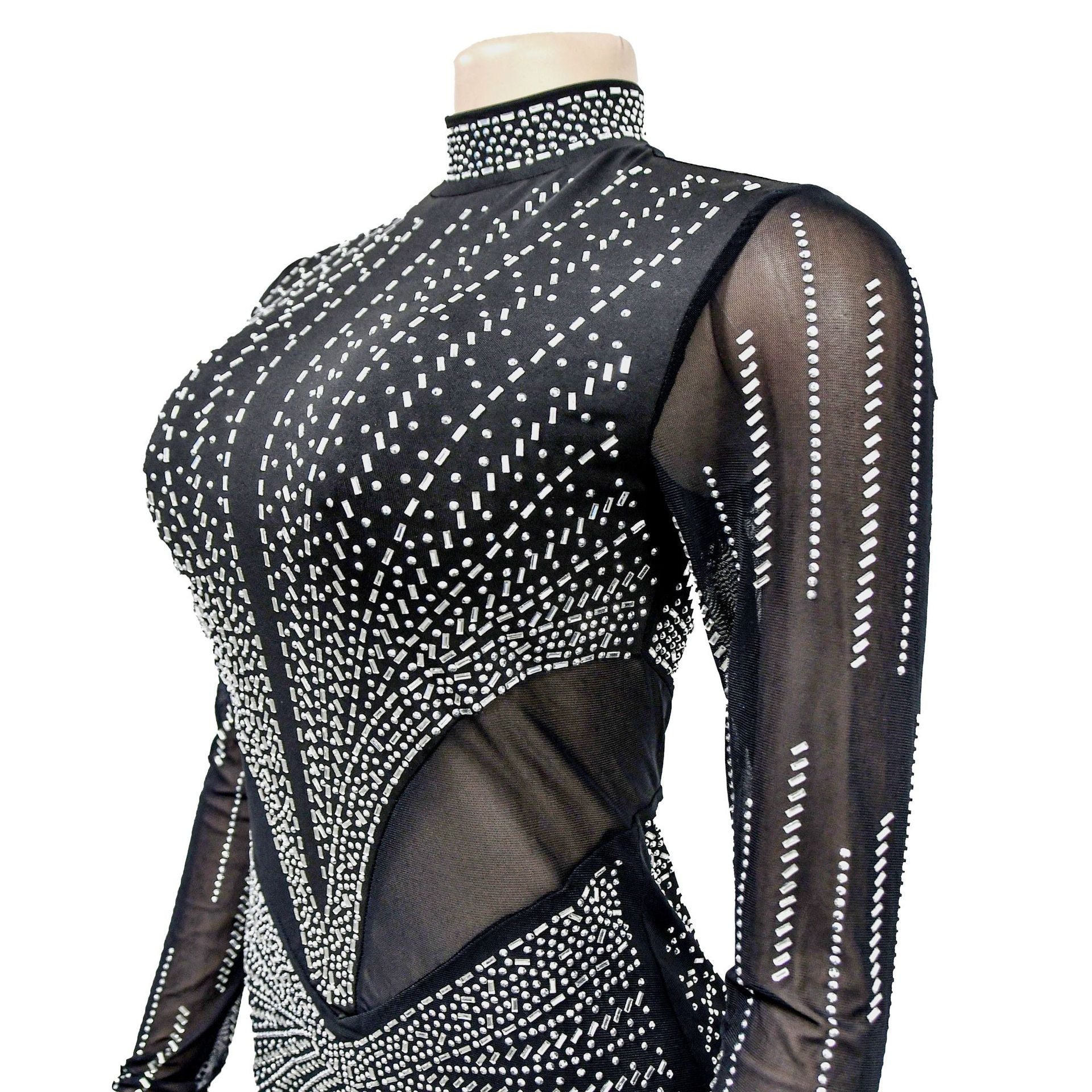 Women's Fashion Solid Color Mesh Beaded Long Sleeve Maxi Dress 20