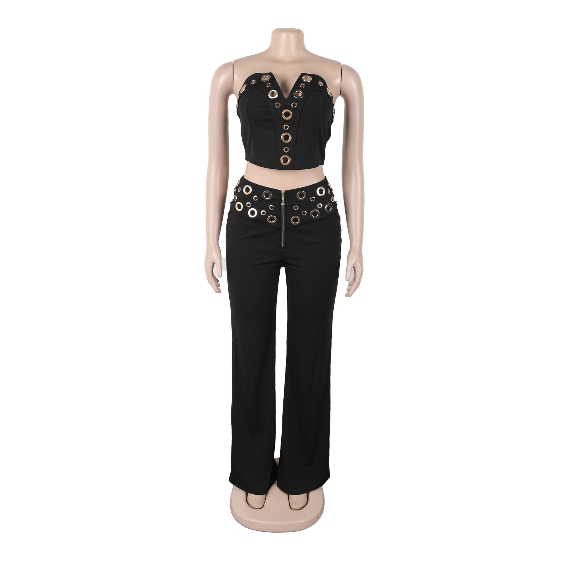 Women elegant elastic metal buckle decorated V-neck Top and Pants two-piece set 41