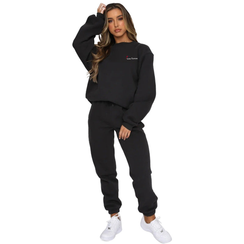 Women Autumn/Winter Printed Round Neck Long-Sleeved Top and Pants Two-Piece Set