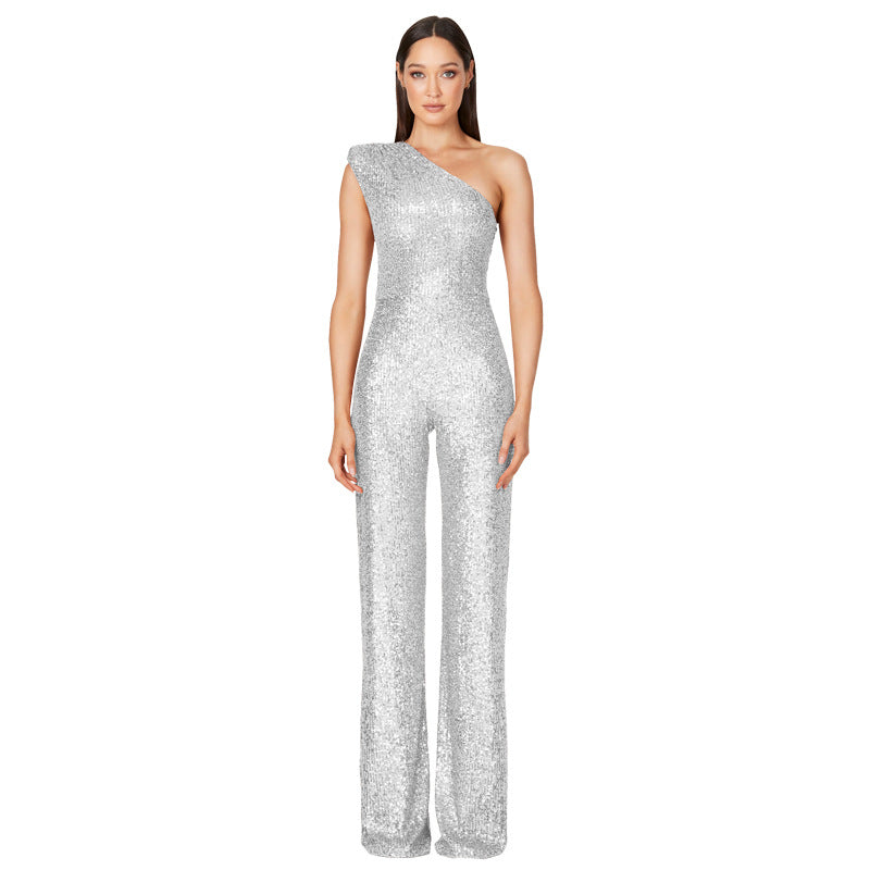 Women's Sleeveless One Shoulder Low Back Sequined Jumpsuit 7