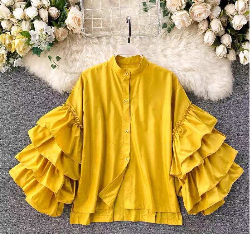 Women multi-layered ruffled Bell Bottom loose-sleeved Stand Collar shirt 13