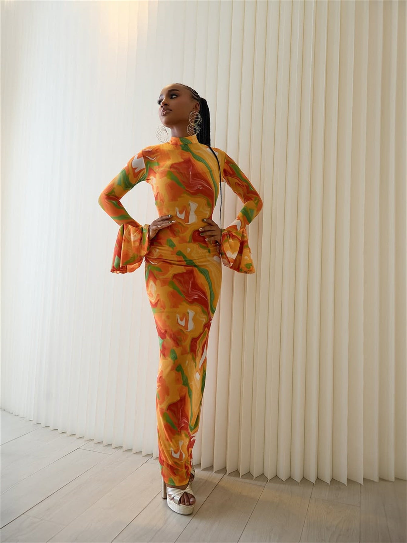 Print Mesh Bell Sleeve See-Through Dress 3