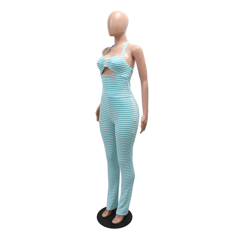 Women jacquard striped lace-up Crop Top and pencil pants two-piece set 9