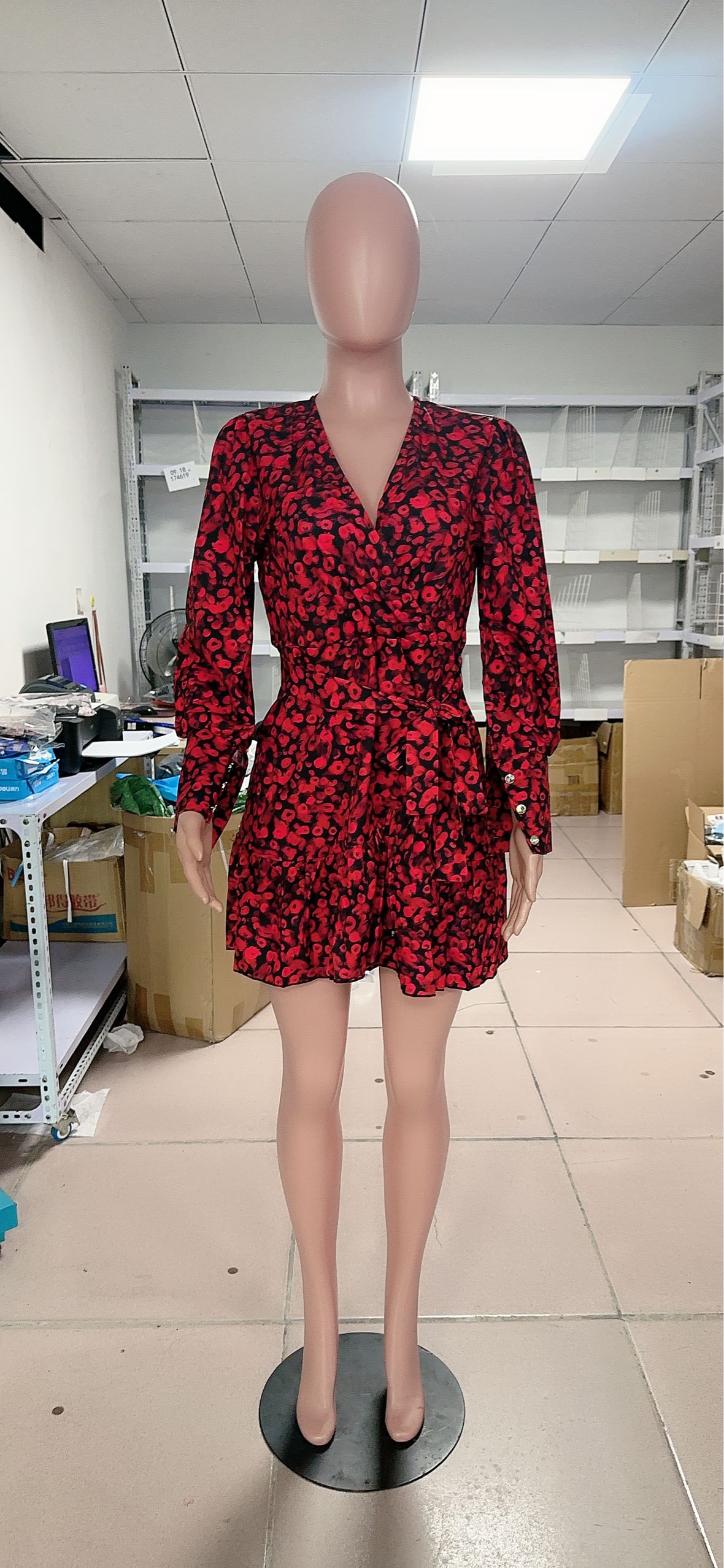 Autumn v-neck tie ruffle puff sleeve print dress 15