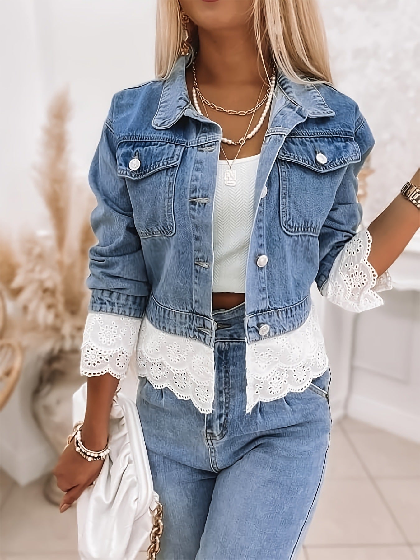 Women's Non-Stretch Multi-Layer Lace Trim Long Sleeve Denim Jacket 3