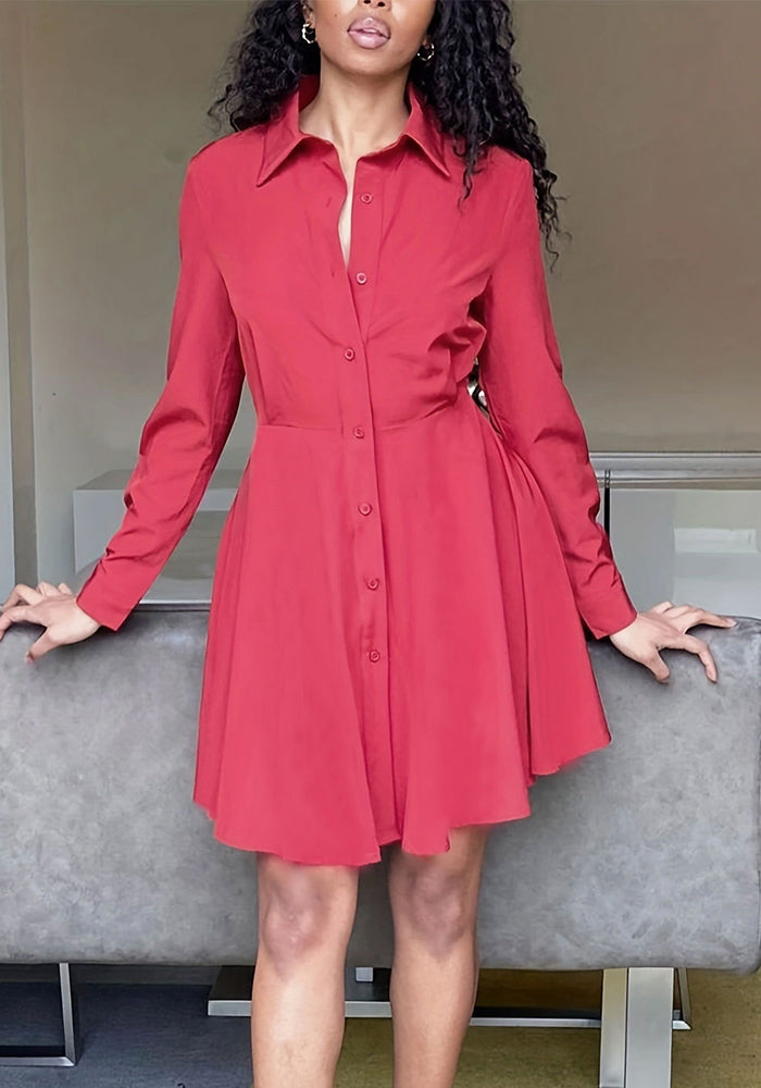 Women Spring Casual Red Long Sleeve Shirt Dress