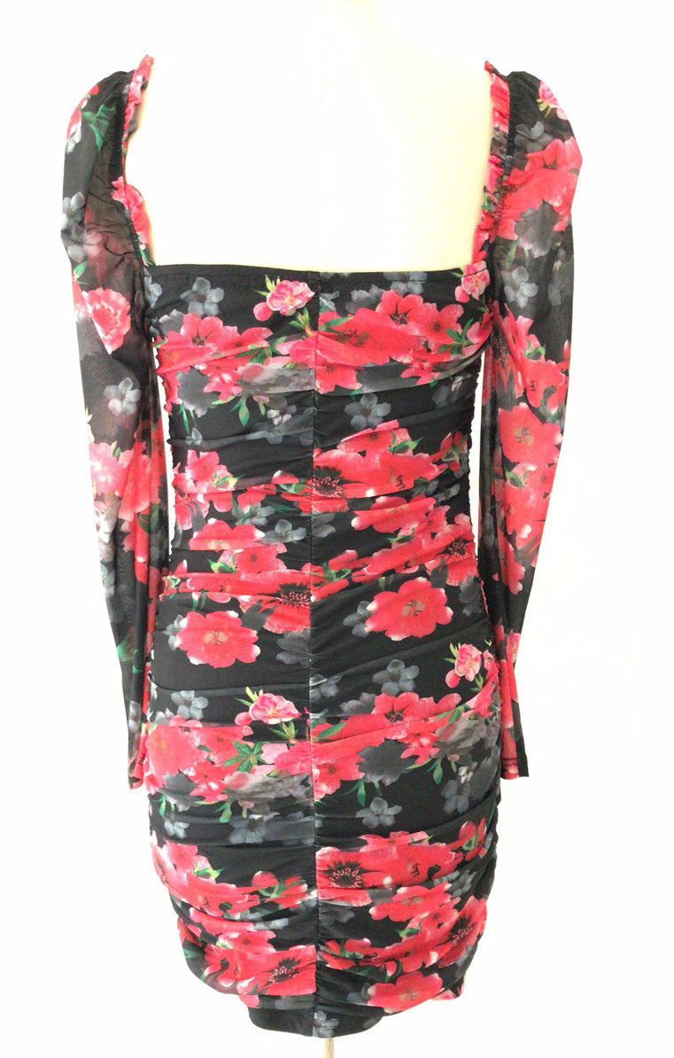 Women Mesh Print Strapless Pleated Long-Sleeved Sexy Backless Bodycon Dress 3